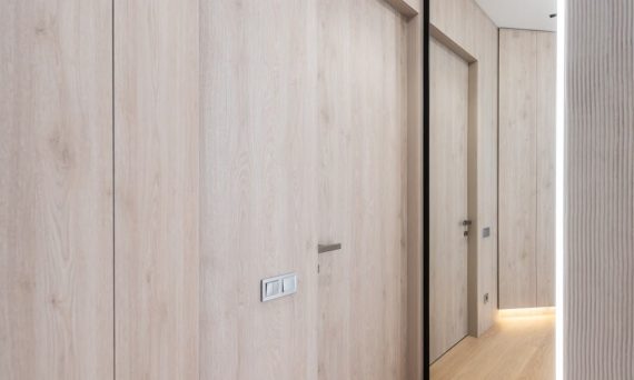 Interior of light empty corridor with door next to mirror in modern apartment